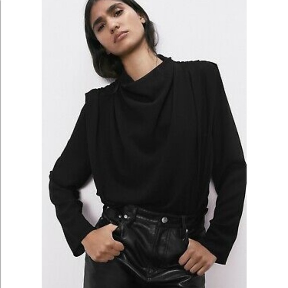 Zara | Tops | Zara Black High Neck Pleated Drape Top L | Poshmark